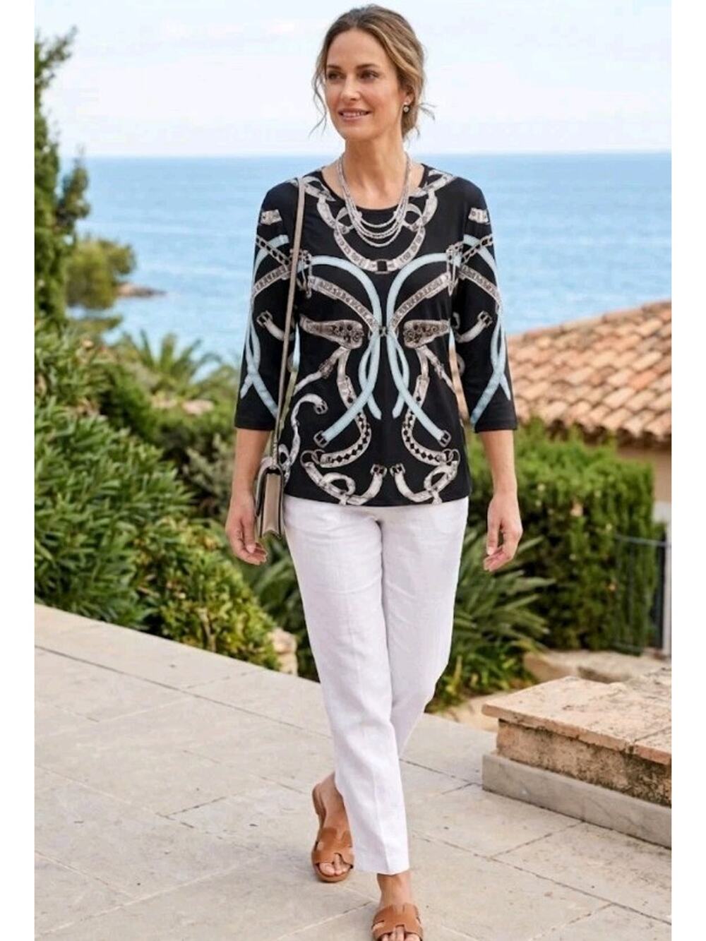 J. McLaughlin Signature Top / Slate And Ivory with Blue Accents / Size M